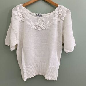 Exclusive Imports Floral Sweater Ramie Cotton Womens Large White Cottagecore
